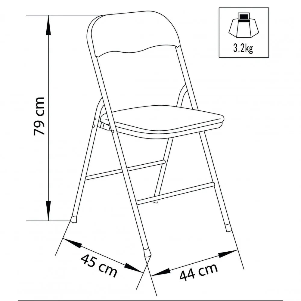 Sedia pieghevole Slim bianca lucida, imbottita in PVC con telaio in metallo, misure schema
