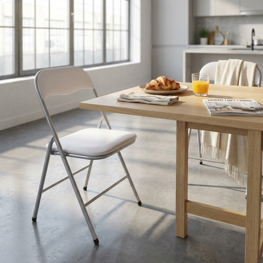 Sedia pieghevole slim bianca utilizzata in un contesto living moderno, affiancata a un tavolo apparecchiato per la colazione con luce naturale.