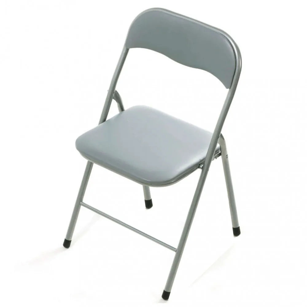 Sedia pieghevole Slim grigia chiara opaca in acciaio con seduta imbottita in PVC, vista laterale