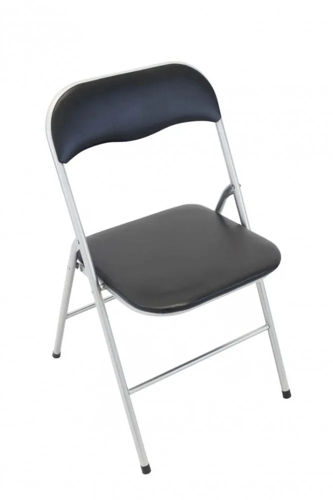 Sedia pieghevole Slim nera opaca, imbottita in PVC con telaio in metallo.