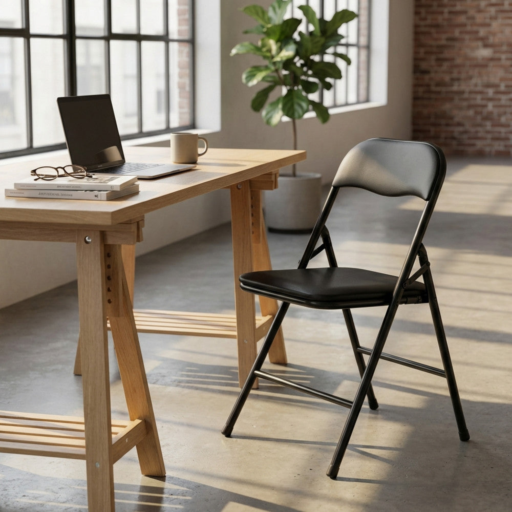 Sedia pieghevole slim nera opaca in acciaio e PVC, ambientata in uno studio moderno con scrivania in legno chiaro e luce naturale.