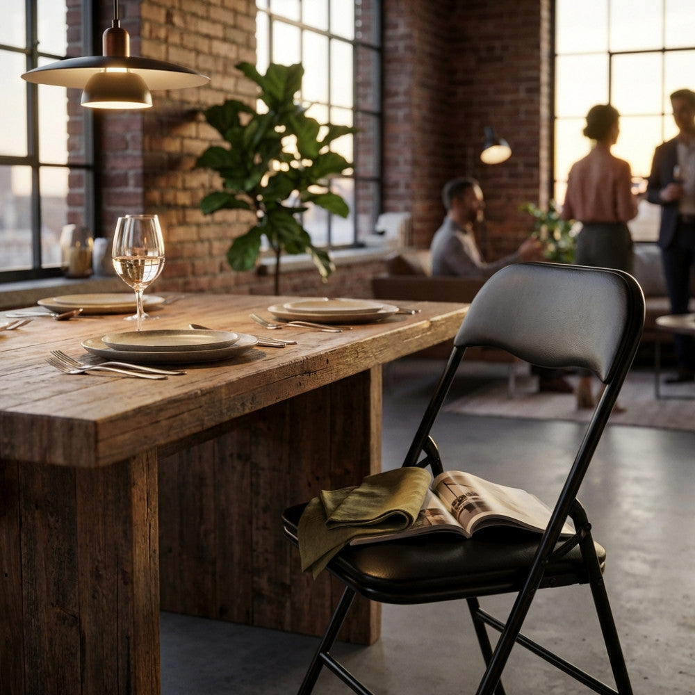Sedia pieghevole nera opaca posizionata in una sala da pranzo in stile industriale, accanto a un tavolo in legno massello rustico.