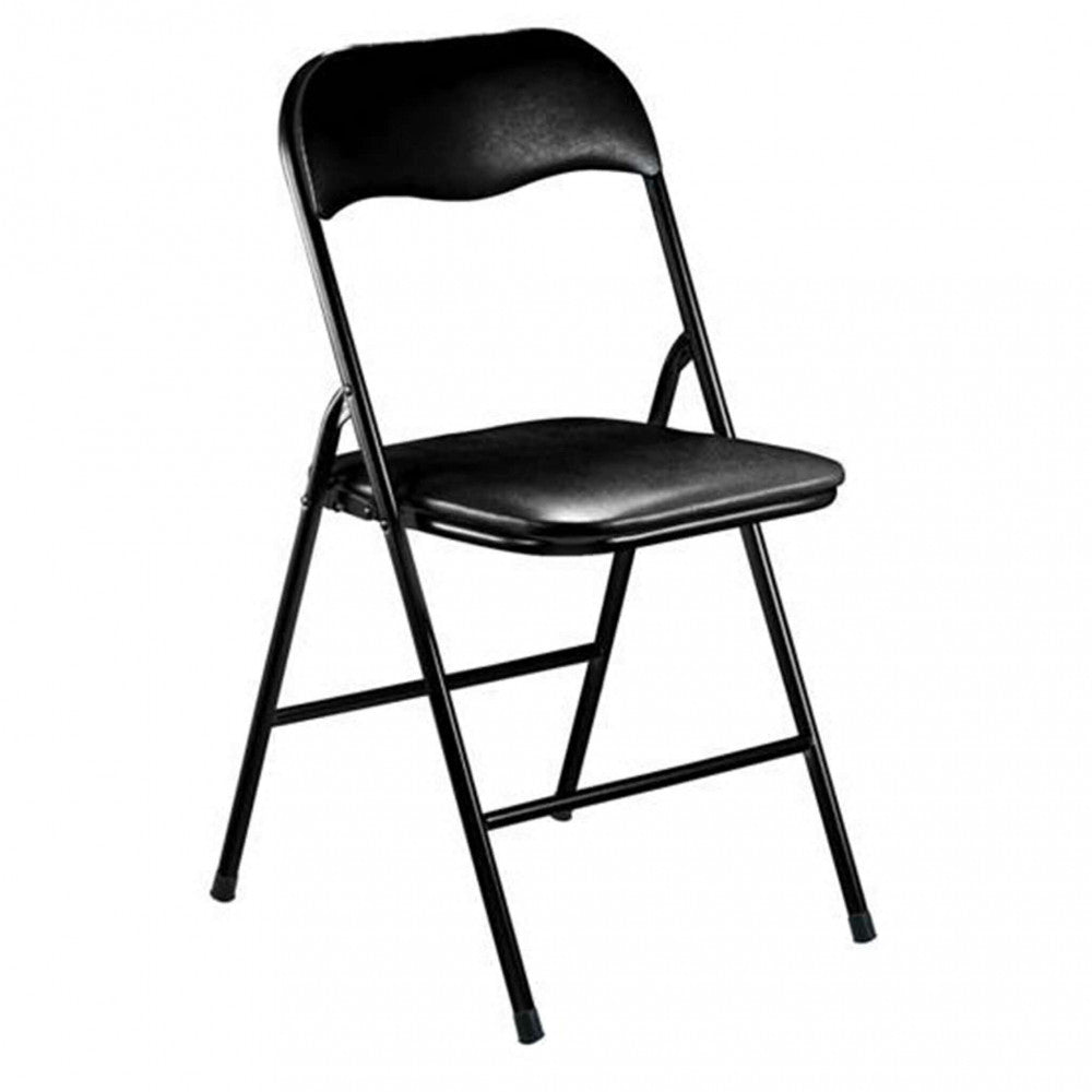Vista frontale tridimensionale della sedia pieghevole slim nera opaca, che evidenzia la struttura in acciaio e la seduta in PVC.