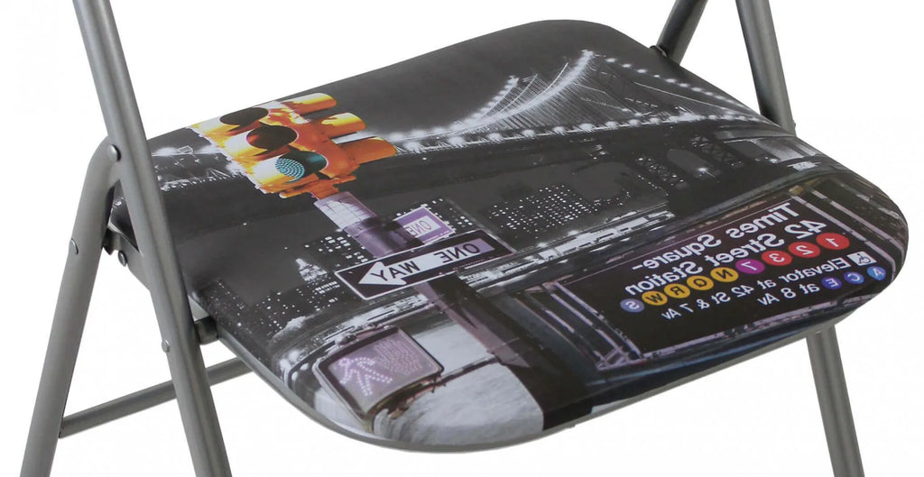 Sedia pieghevole Slim con stampa a tema New York, seduta imbottita in PVC, particolare seduta