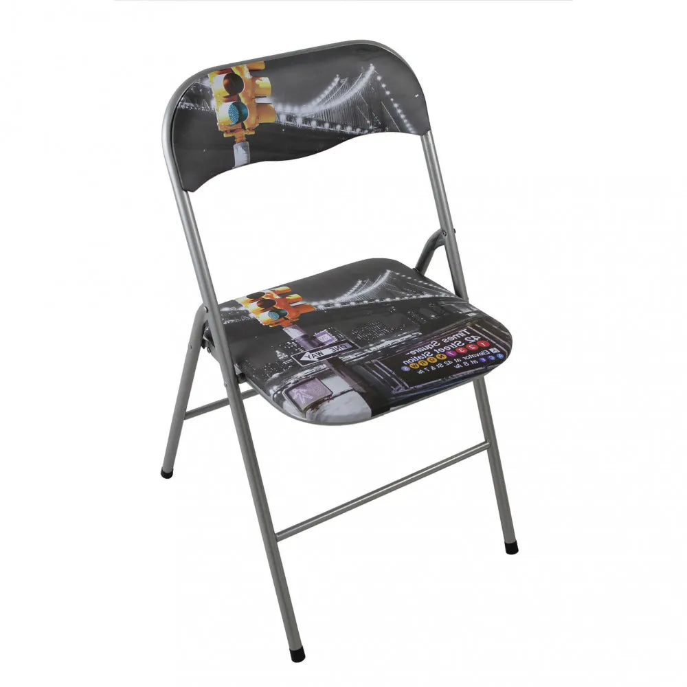 Sedia pieghevole Slim con stampa a tema New York, seduta imbottita in PVC.