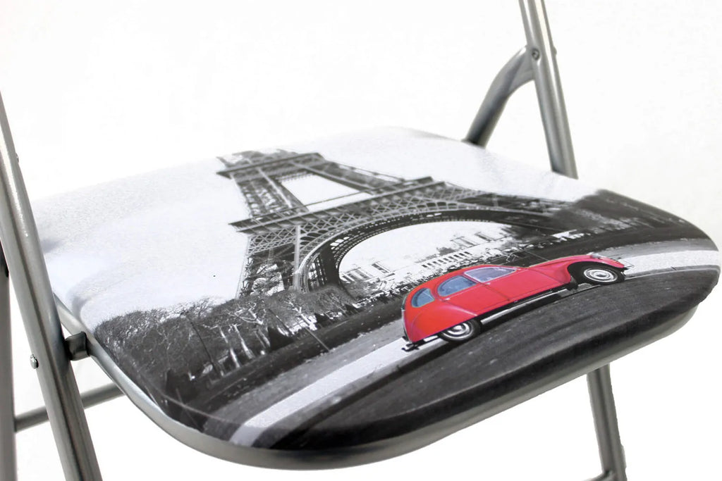 Sedia pieghevole Slim con stampa a tema Parigi, seduta imbottita in PVC, particolare seduta