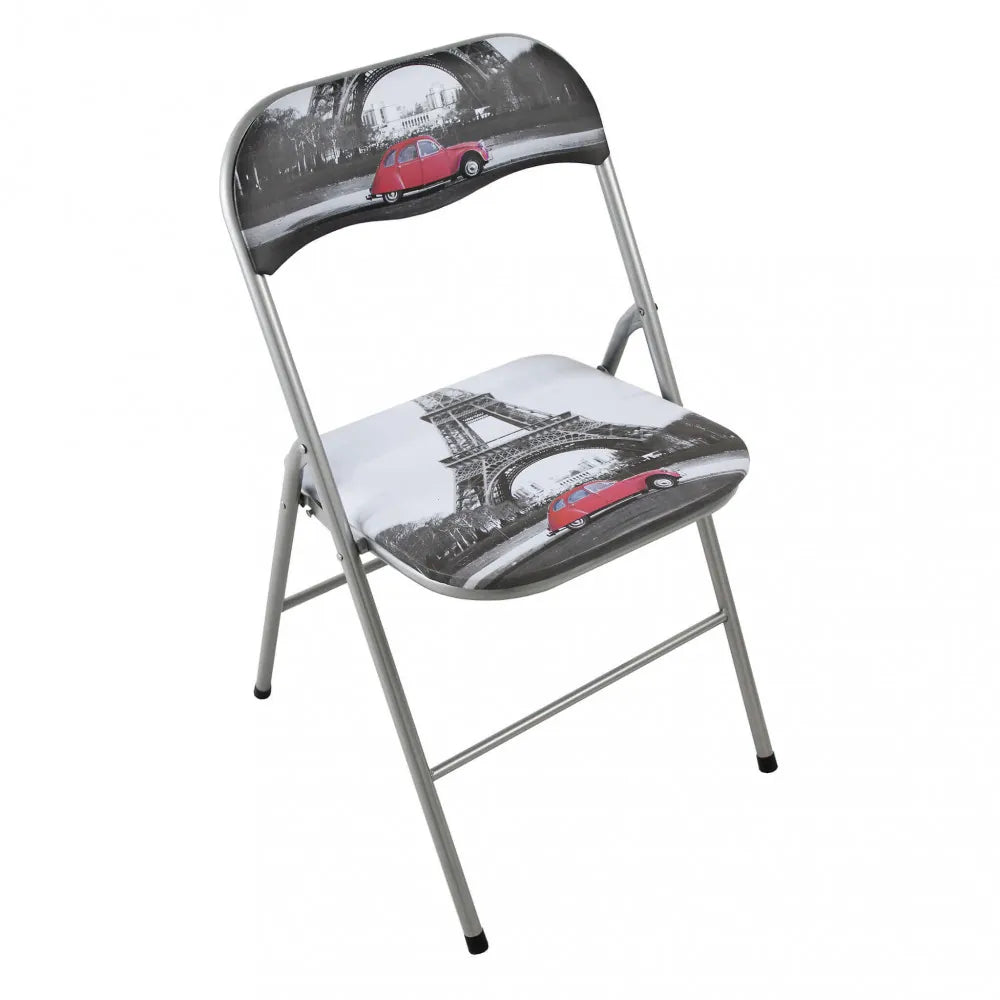 Sedia pieghevole Slim con stampa a tema Parigi, seduta imbottita in PVC.