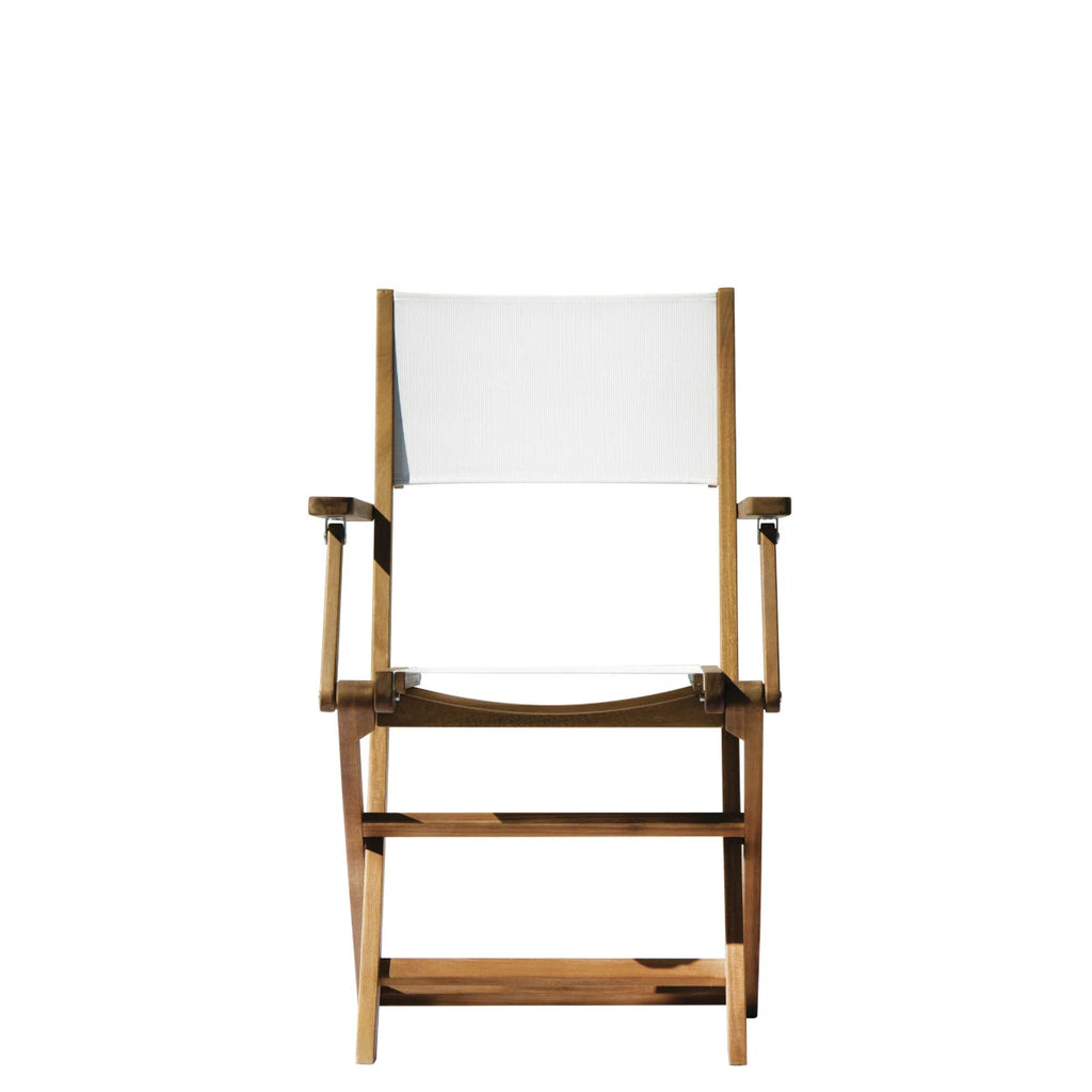 Sedia pieghevole Venturina con braccioli, in Legno di Acacia e seduta in Textilene ecrù per esterni, vista frontale