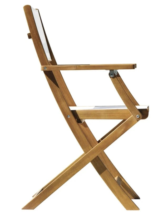 Sedia pieghevole Venturina con braccioli, in Legno di Acacia e seduta in Textilene ecrù per esterni, vista laterale