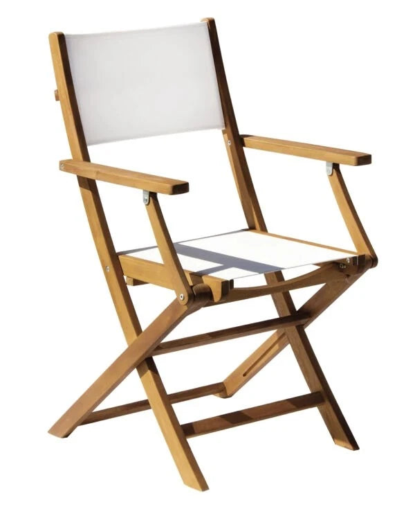 Sedia pieghevole Venturina con braccioli, in Legno di Acacia e seduta in Textilene ecrù per esterni.