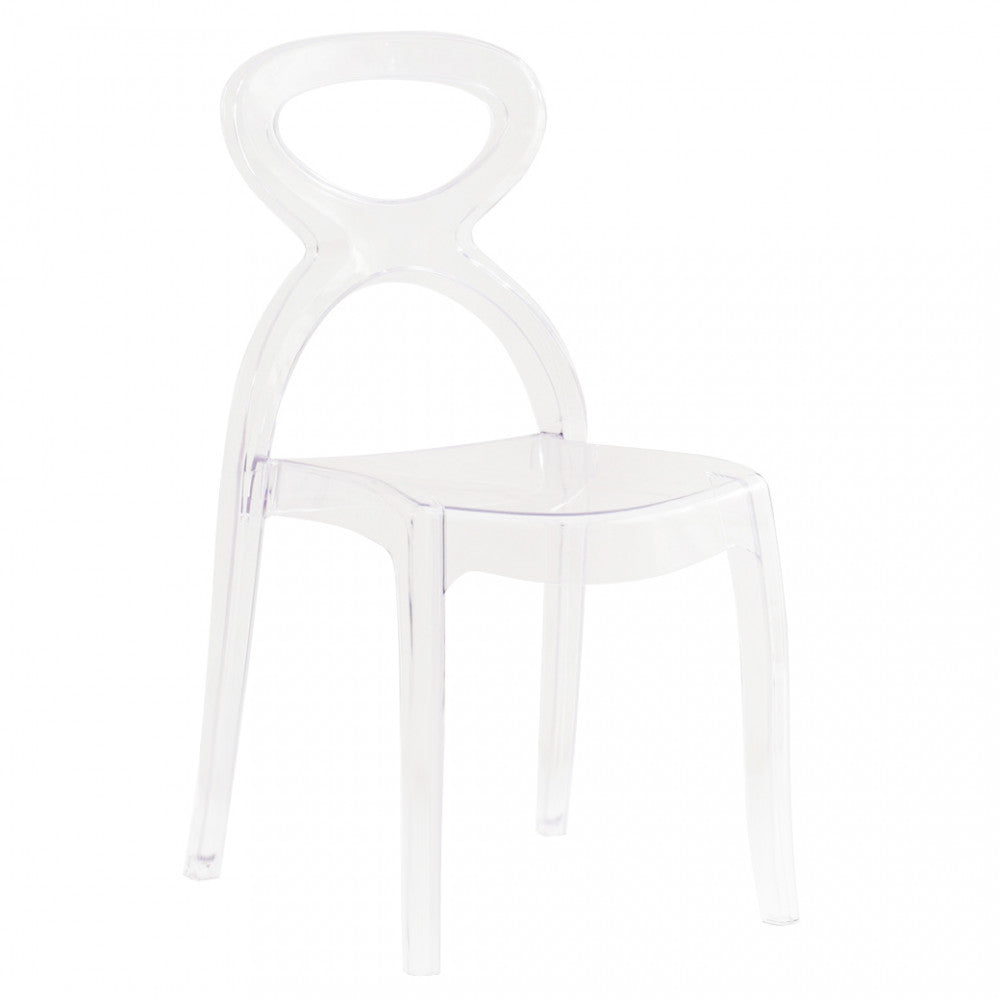 Sedia Pigalle trasparente fotografata di tre quarti su sfondo bianco, evidenziando le linee curve.