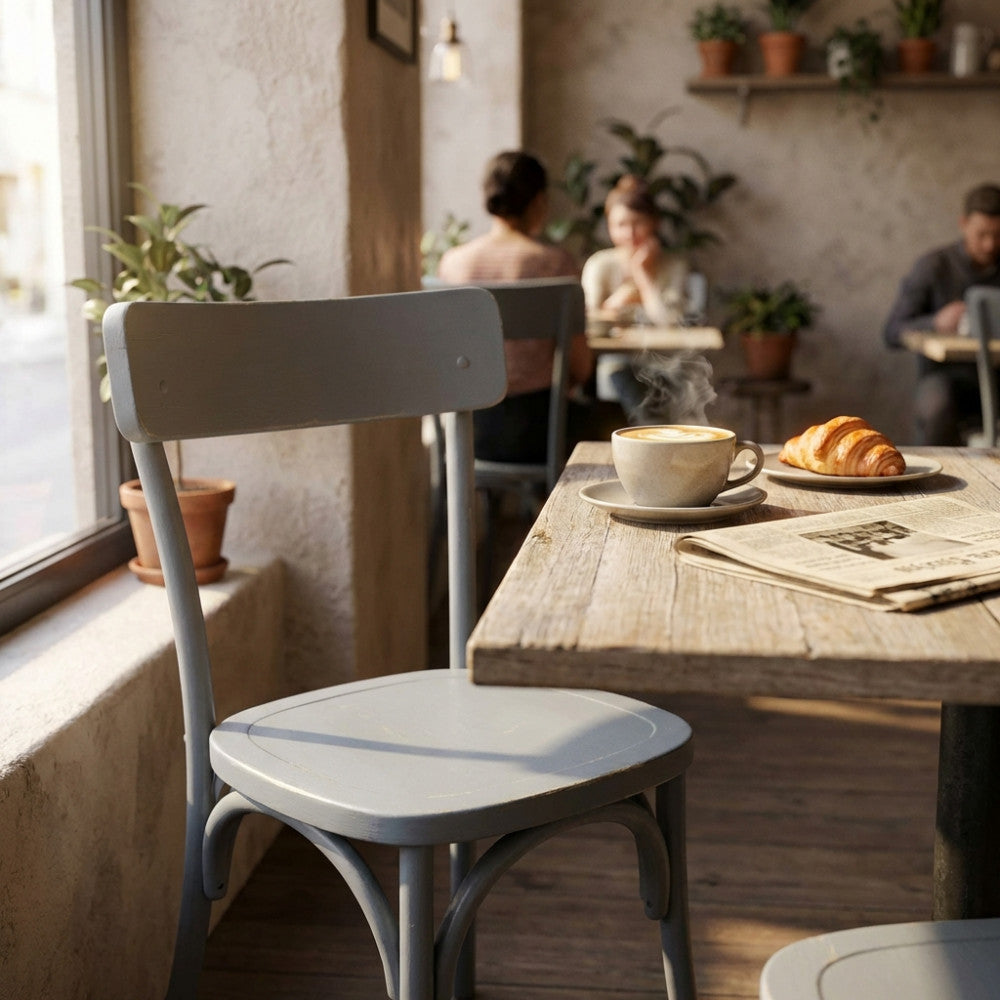 Sedia Polly Bianca in un elegante contesto bistrot con luce naturale che esalta la finitura shabby chic.