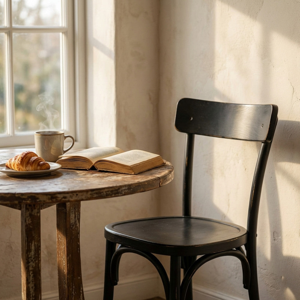 Dettaglio della sedia Polly nera con un libro aperto e una colazione sul tavolo in legno adiacente.