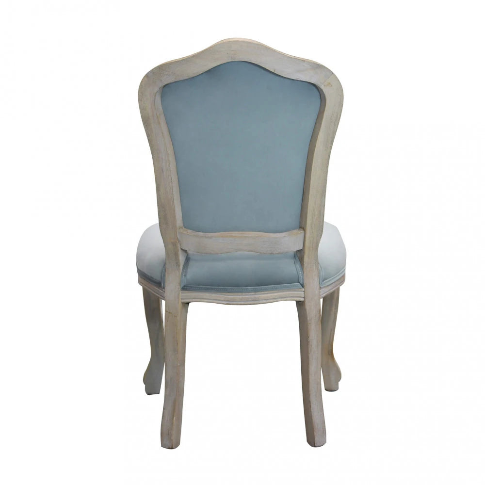Sedia Charlene in velluto grigio con schienale alto e struttura in legno per interni vista dal retro
