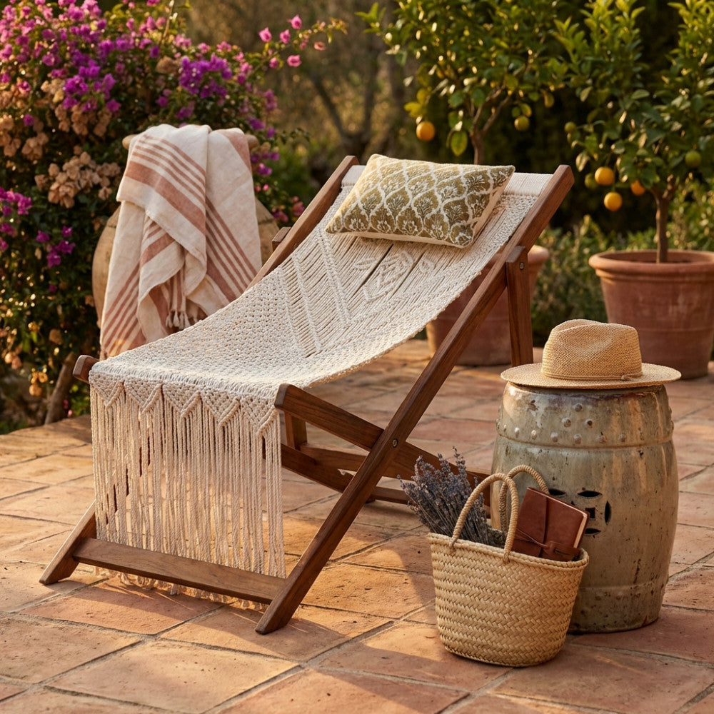 Sedia Tunisi in stile boho chic su pavimentazione in cotto, circondata da piante mediterranee, cesto in vimini e sgabello in ceramica.
