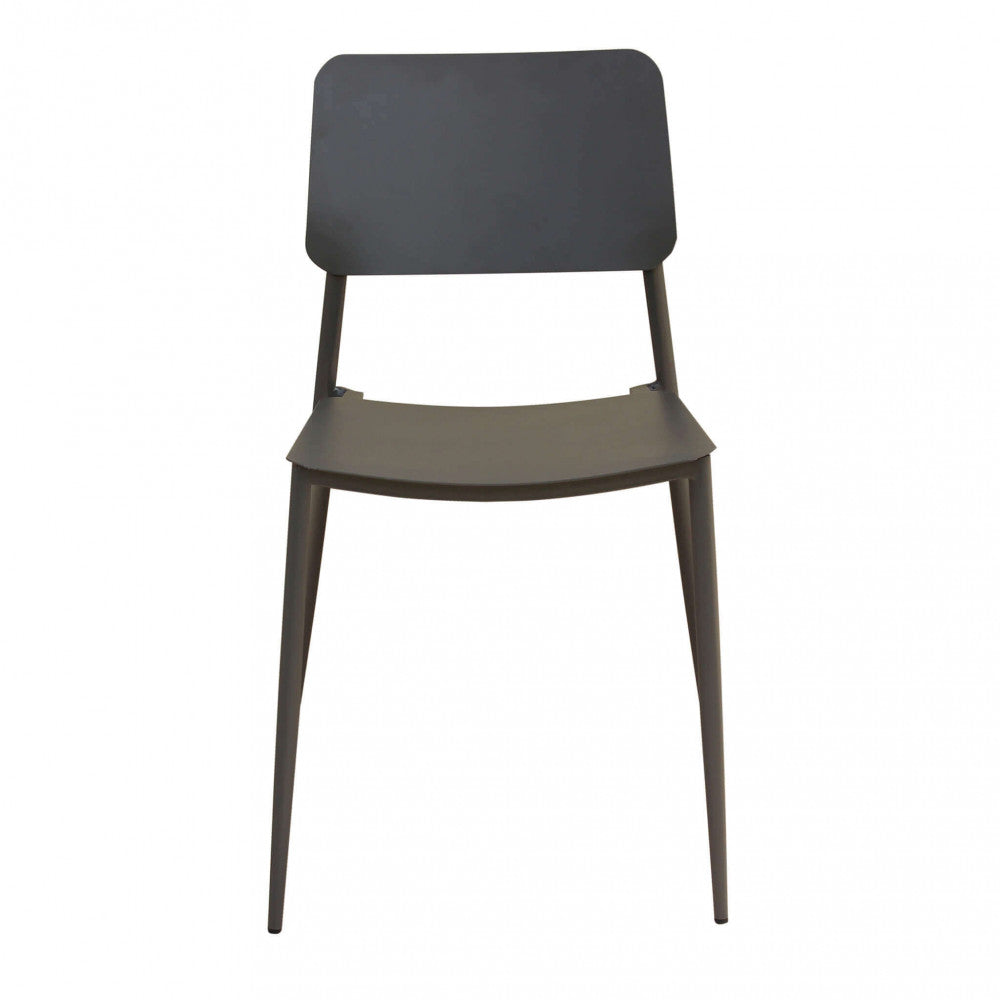 Vista frontale della sedia Vega in acciaio taupe, mostrando le linee pulite e minimaliste.