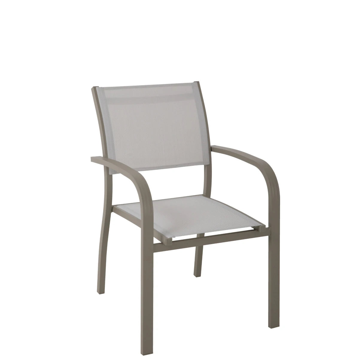 Sedia Viareggio in Alluminio Tortora e seduta/schienale in Textilene Grigio Chiaro, impilabile e resistente, ideale per giardino e terrazza.