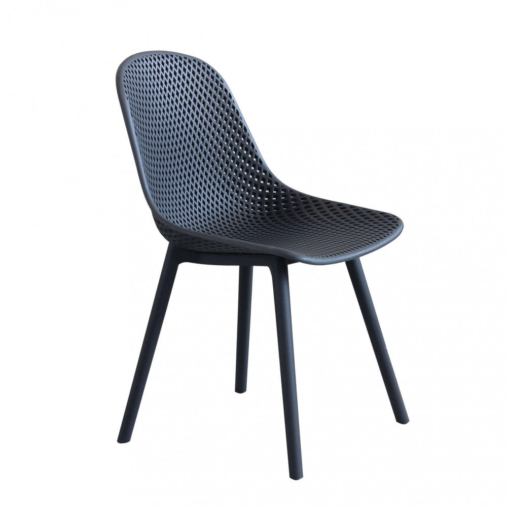 Vista frontale angolata della sedia Vichy color antracite, che evidenzia la seduta ergonomica e lo schienale a rete senza braccioli su sfondo bianco.