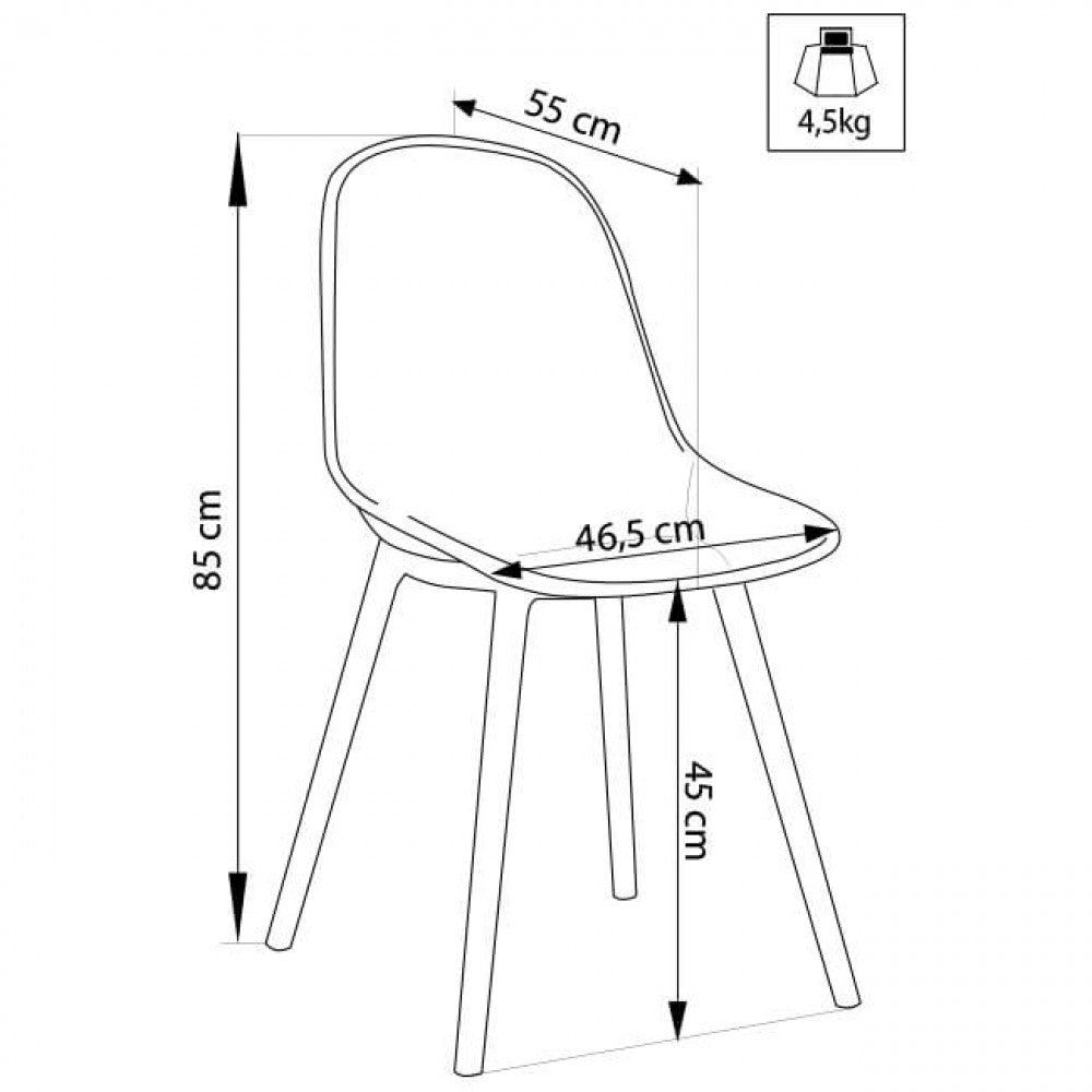 Disegno tecnico della sedia Vichy con quote dimensionali: altezza 85 cm, larghezza 46,5 cm, profondità 55 cm e altezza seduta 45 cm.