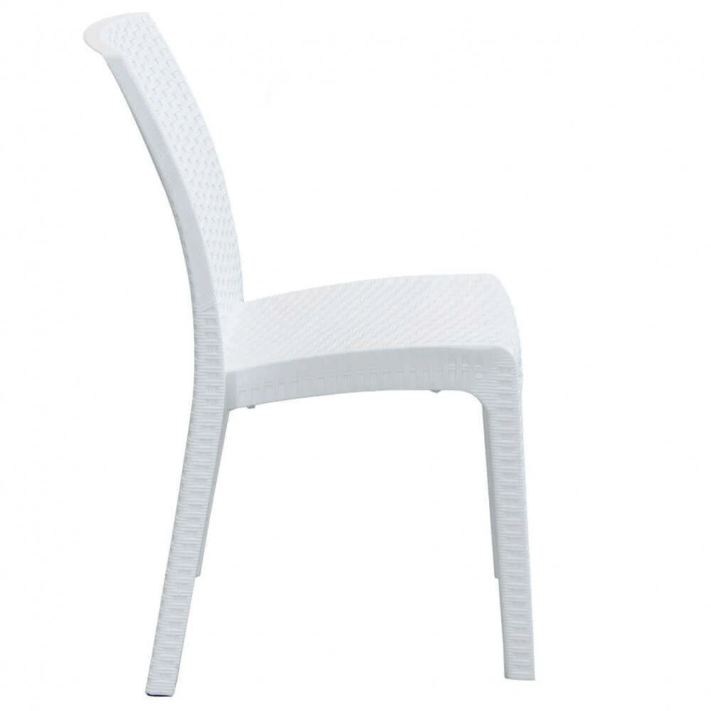 Sedia da giardino Virginia Bianca in plastica stampata effetto Wicker, design elegante resistente agli UV, vista laterale