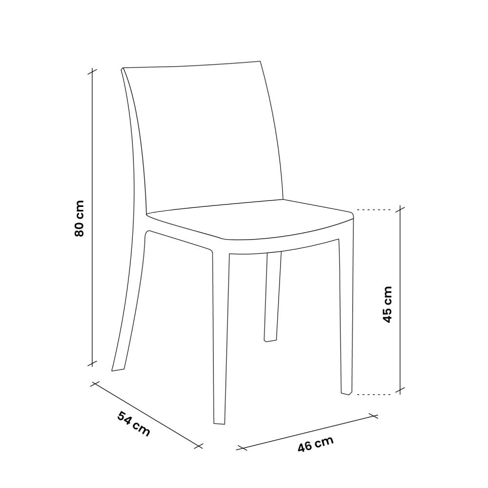Disegno tecnico della sedia Volga con quote dimensionali che indicano 80 cm di altezza totale, 45 cm di altezza seduta, 46 cm di larghezza e 54 cm di profondità.