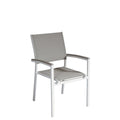 Sedia Volterra/Viareggio CHA22B in Alluminio Bianco con seduta Textilene Tortora, braccioli in Resin Wood Grigio Sbiancato e impilabile.