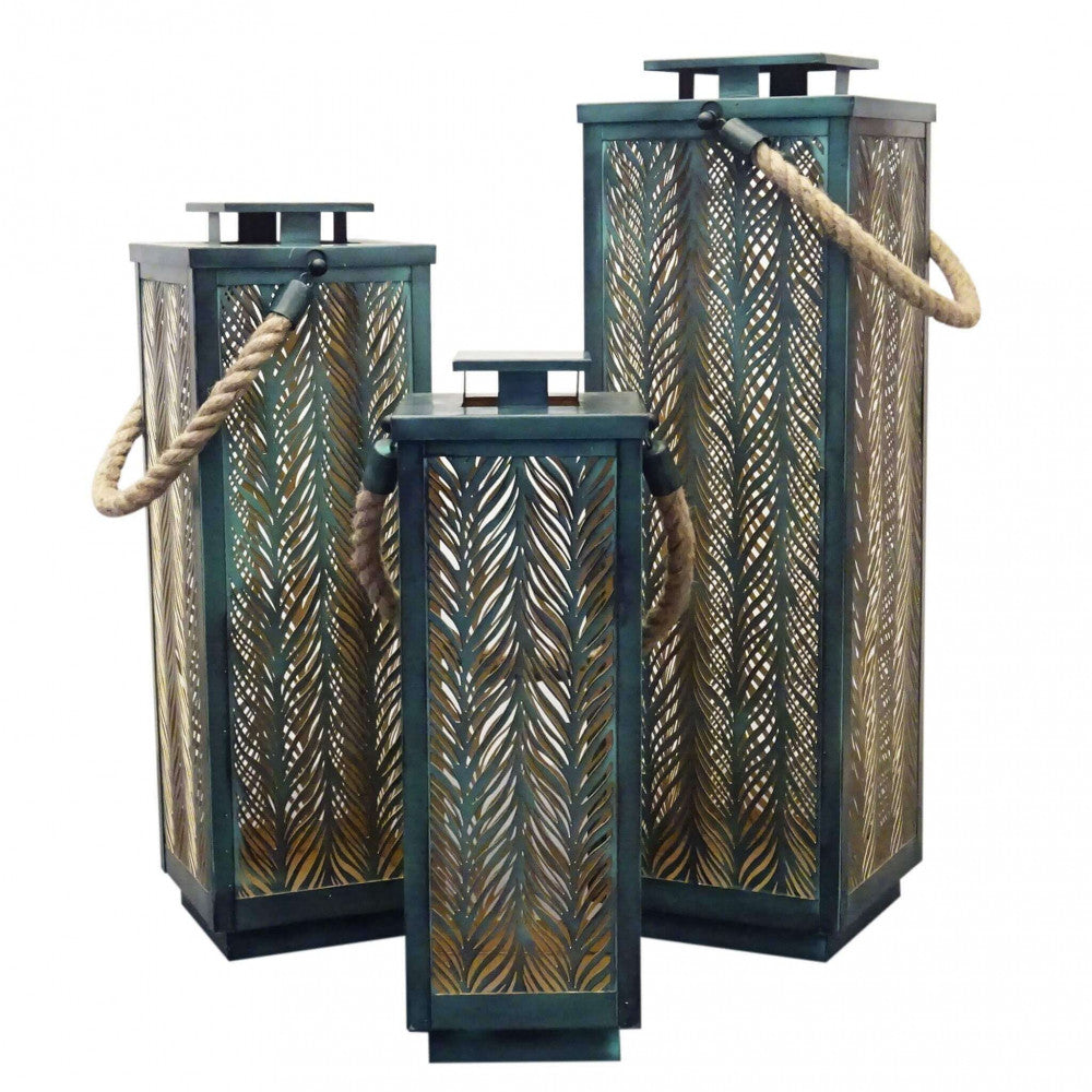 Set di 3 lanterne Danielle in metallo verde con manico in corda, diverse altezze.