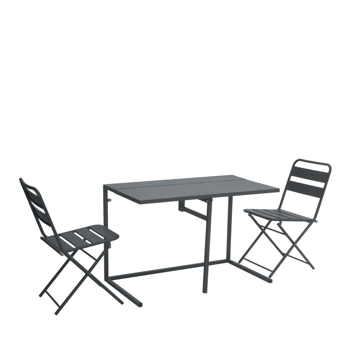 Set completo per balcone pieghevole BSF04 con tavolo 100x50 cm e due sedie, realizzato in ferro robusto, su un balcone arredato | Albert Stock