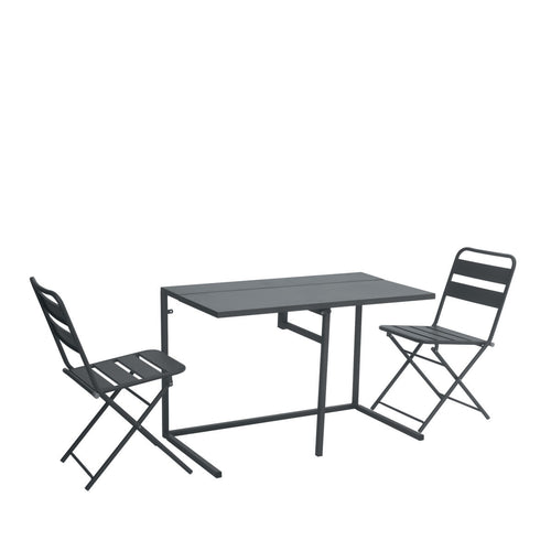 Set completo per balcone pieghevole BSF04 con tavolo 100x50 cm e due sedie, realizzato in ferro robusto, su un balcone arredato | Albert Stock