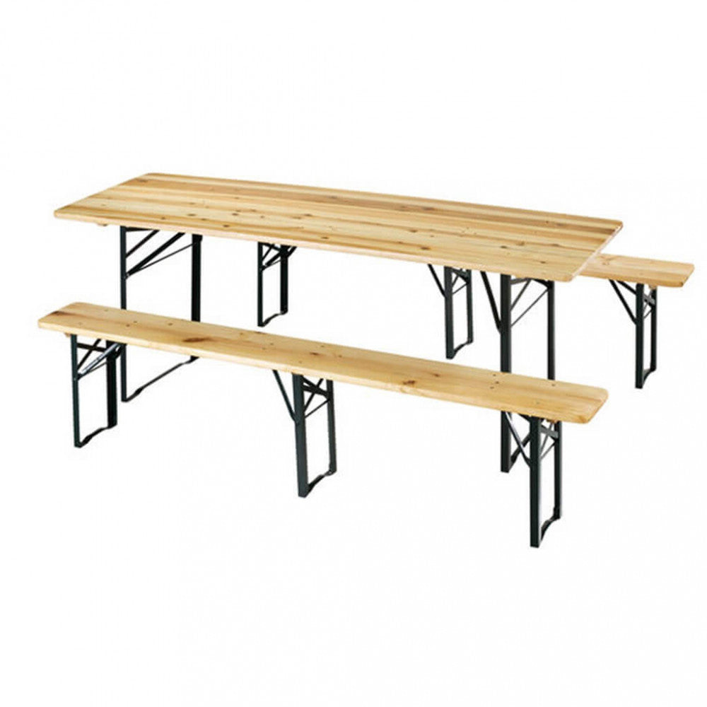 Vista frontale del set birreria 220x70 isolato su sfondo bianco, che evidenzia la struttura pieghevole a tre gambe.