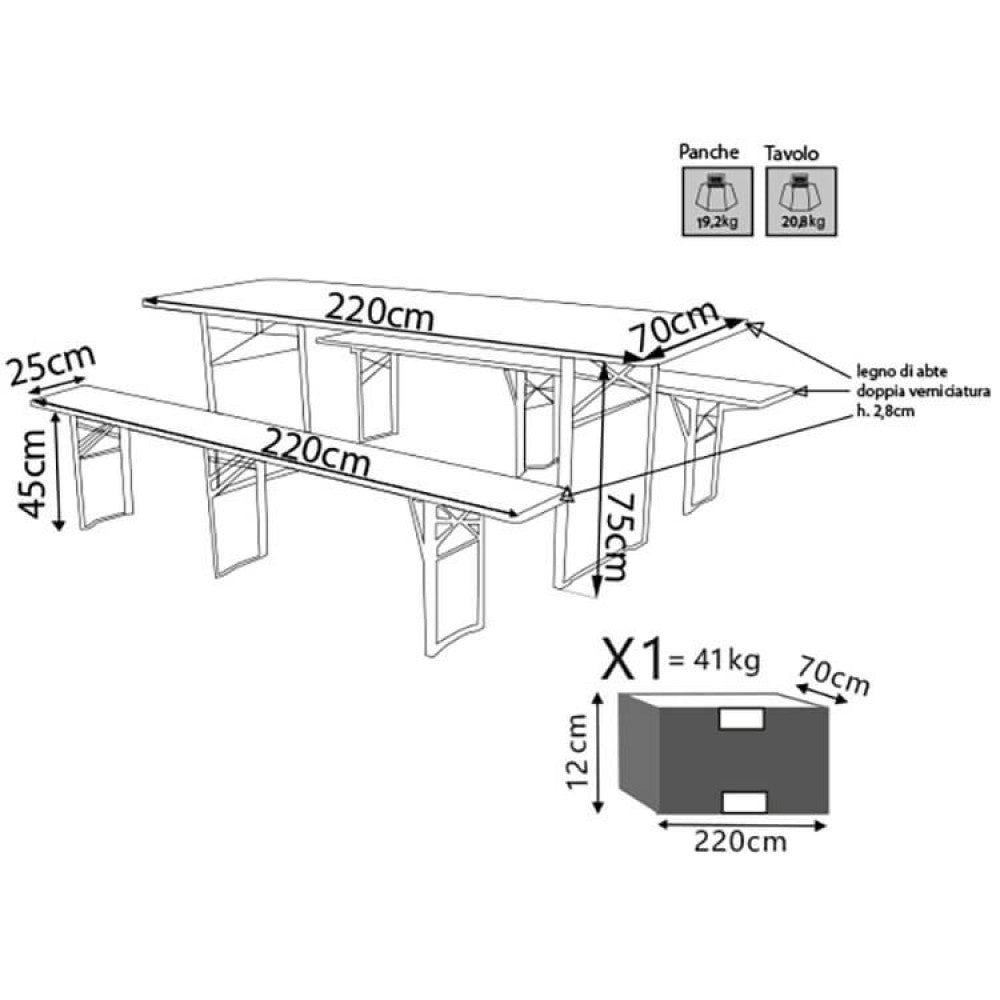 Disegno tecnico del set birreria con quote dimensionali dettagliate di tavolo e panche, indicando spessori e pesi specifici.