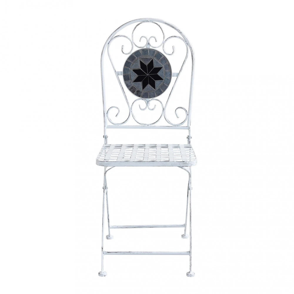 Set Bistrò Alison Bianco Antico da 3 pezzi con tavolo rotondo in cemento/marmo e 2 sedie in acciaio, design classico per giardino, vista frontale sedia