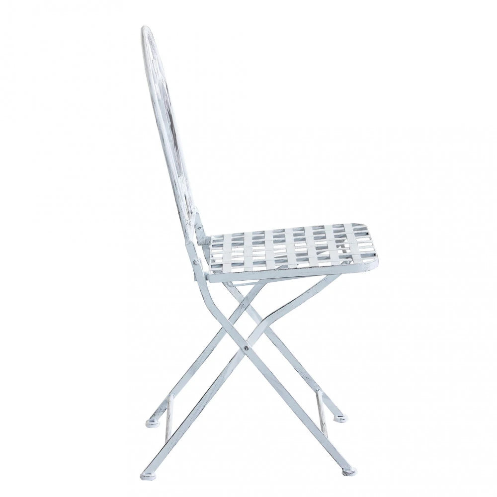 Set Bistrò Alison Bianco Antico da 3 pezzi con tavolo rotondo in cemento/marmo e 2 sedie in acciaio, design classico per giardino, vista laterale sedia