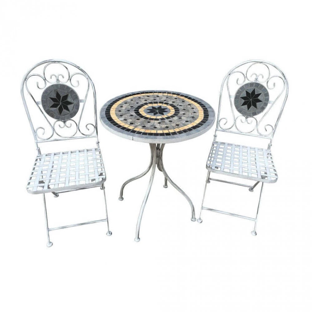 Set Bistrò Alison Bianco Antico da 3 pezzi con tavolo rotondo in cemento/marmo e 2 sedie in acciaio, design classico per giardino