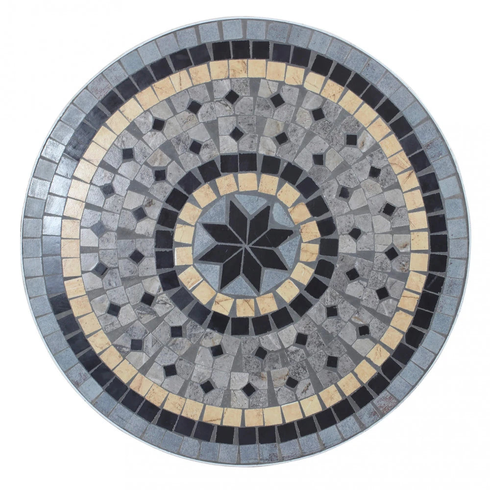 Set Bistrò Alison Bianco Antico da 3 pezzi con tavolo rotondo in cemento/marmo e 2 sedie in acciaio, design classico per giardino, vista piano in marmo