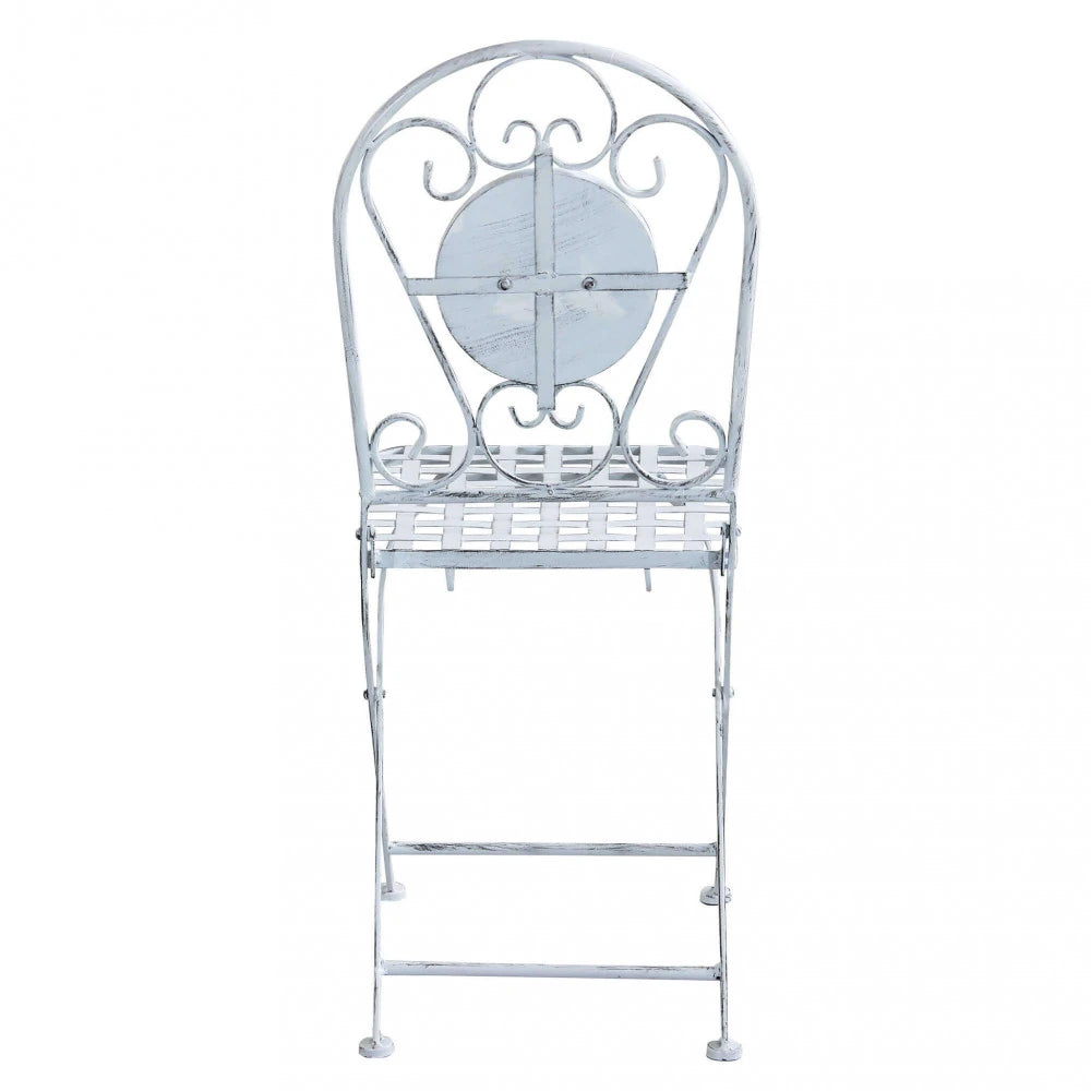 Set Bistrò Alison Bianco Antico da 3 pezzi con tavolo rotondo in cemento/marmo e 2 sedie in acciaio, design classico per giardino, vista posteriore sedia