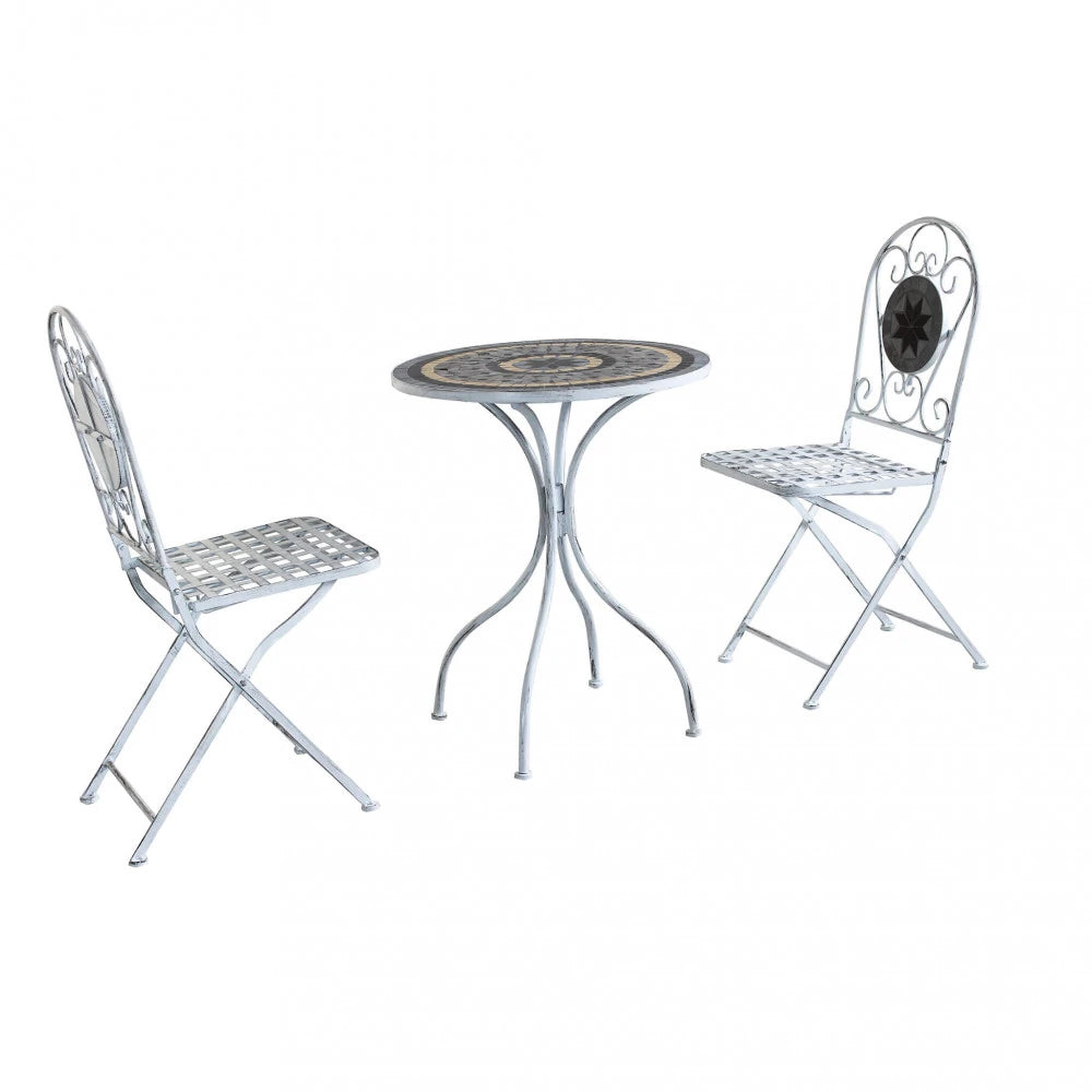 Set Bistrò Alison Bianco Antico da 3 pezzi con tavolo rotondo in cemento/marmo e 2 sedie in acciaio, design classico per giardino