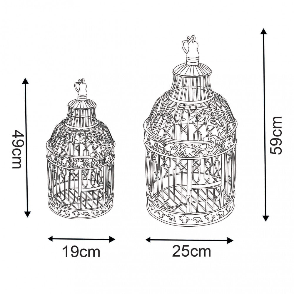 Disegno tecnico delle due gabbie decorative che illustra le dimensioni: 19x49 cm per la piccola e 25x59 cm per la grande.