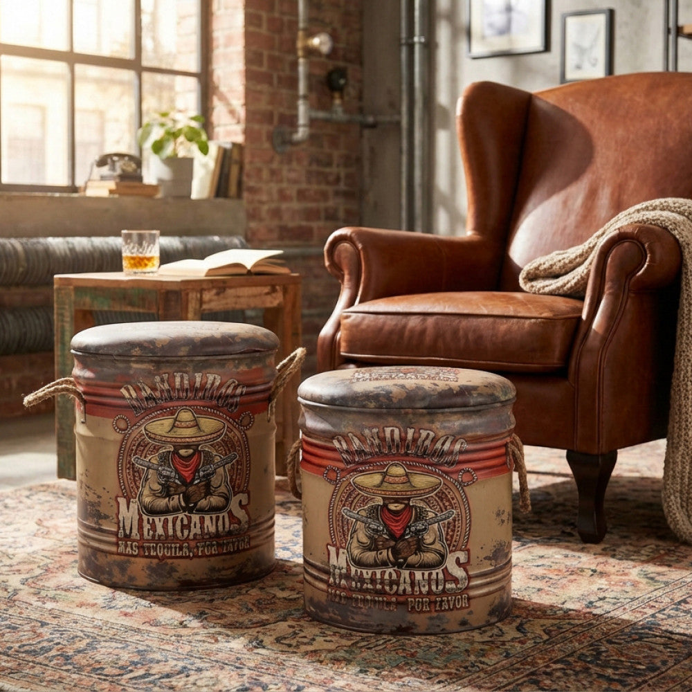 Pouf contenitore Cosma grande con stampa vintage e manici in corda