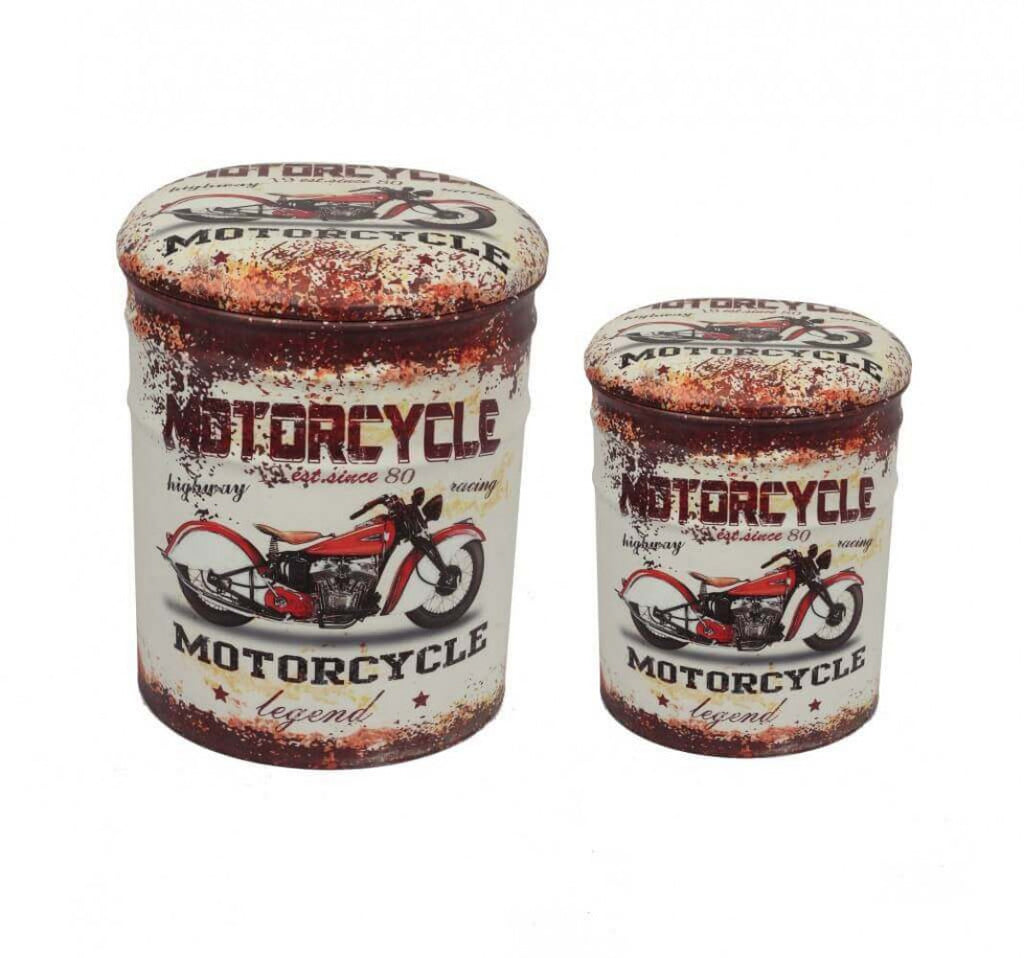 Set di 2 pouf contenitore Cosma grigio chiaro con stampa moto vintage