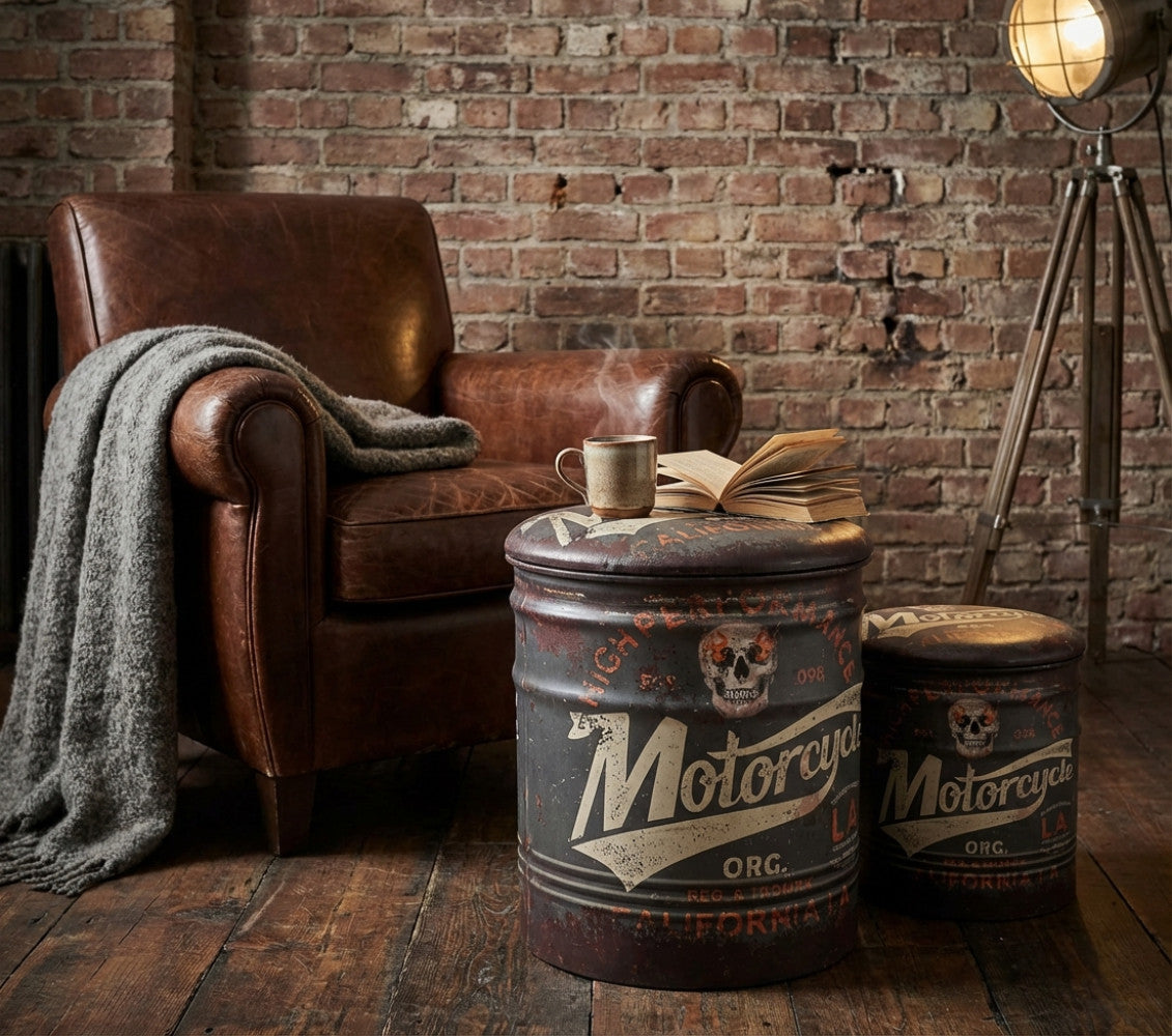 Set di 2 pouf contenitore Cosma marroni stile vintage moto