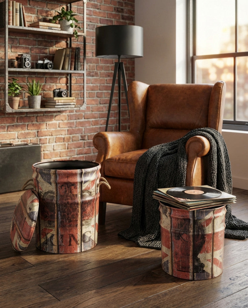 Set di 2 pouf contenitore Cosma con stampa vintage panna e rossa