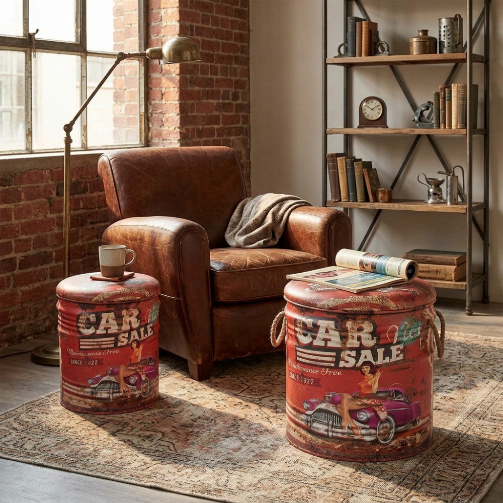 Pouf Cosma rosso stile industriale ambientato in salotto
