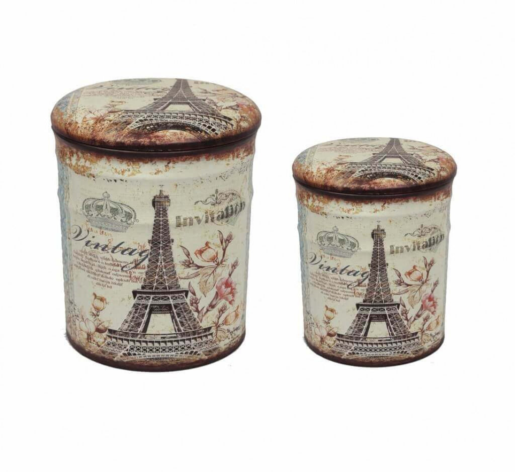 Set di due pouf contenitore Cosma con stampa vintage Torre Eiffel