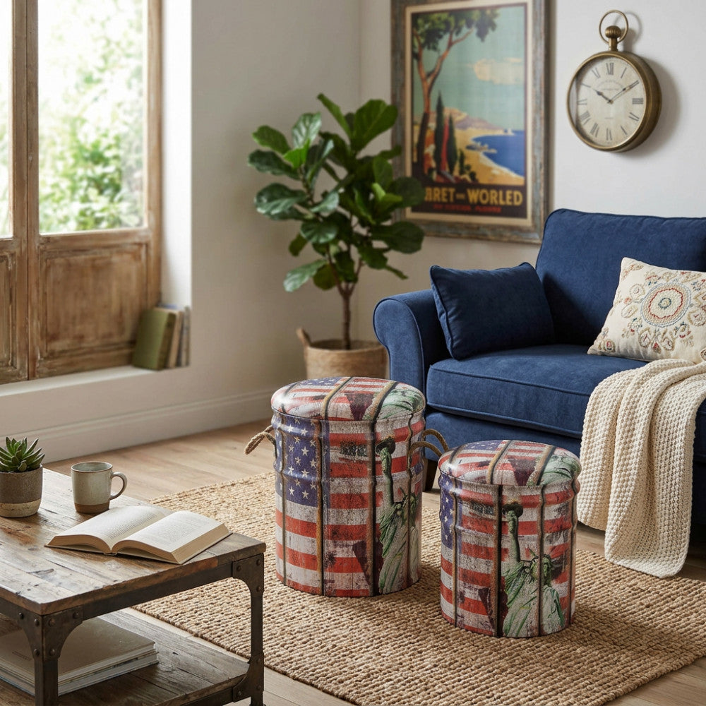 Set di 2 pouf contenitore Cosma con stampa vintage USA