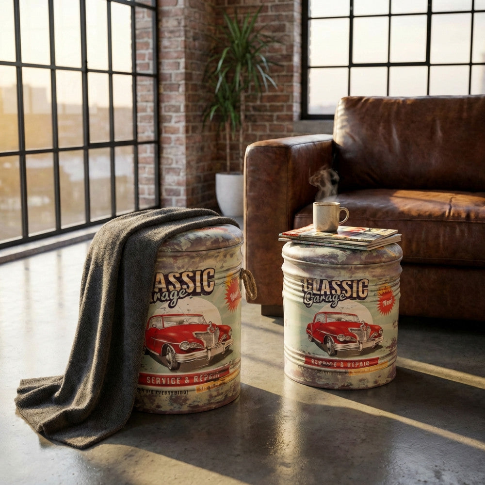 Dettaglio stampa Classic Garage e manici in corda del pouf Cosma
