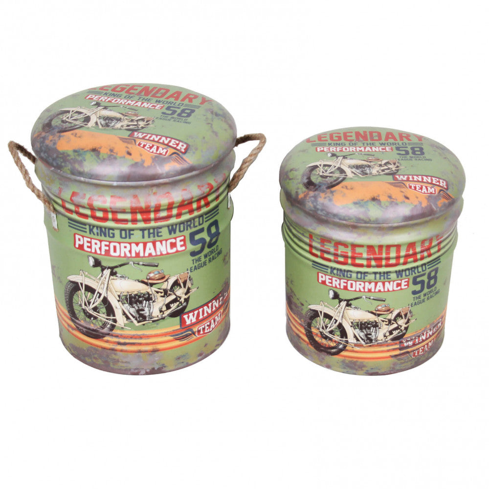 Set di Pouf Cosma con Stampa Vintage e Manici in Corda