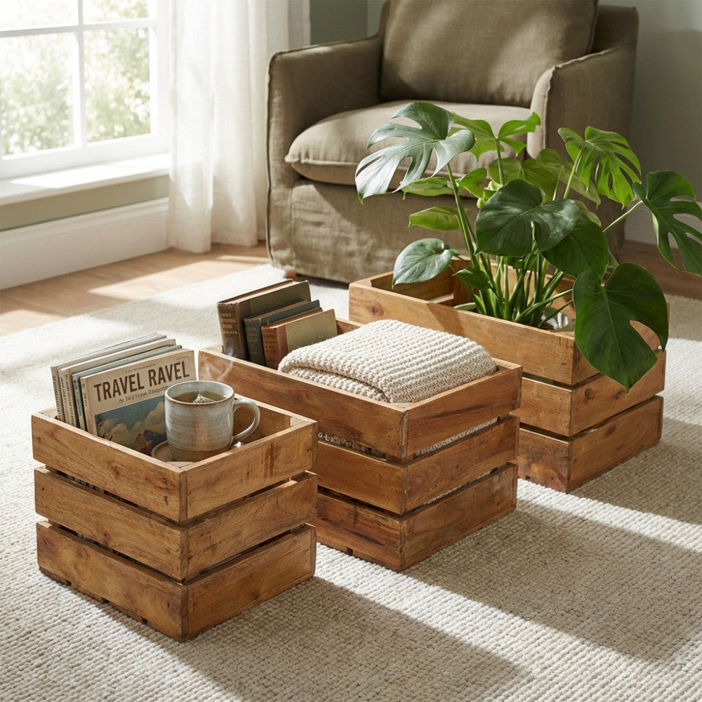 Cassette in mogano marrone chiaro utilizzate come portavasi per piante e contenitori per coperte in un ambiente living luminoso.