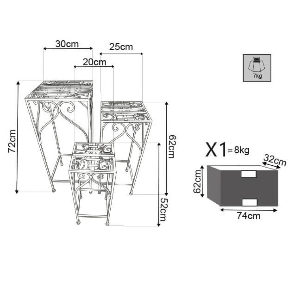 Disegno tecnico con dimensioni del set di fioriere Cosma Vincent
