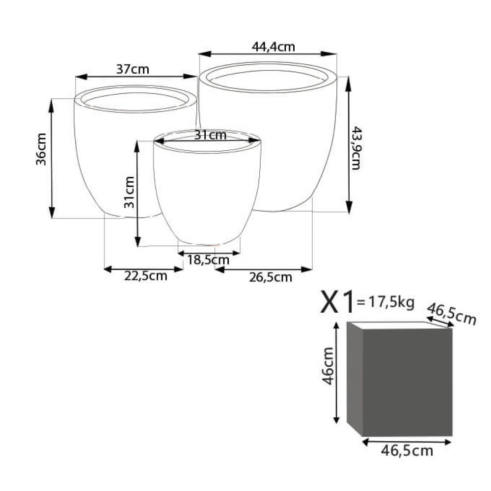 Disegno tecnico con le dimensioni dettagliate del set di 3 vasi Calla 1 e specifiche dell'imballaggio.